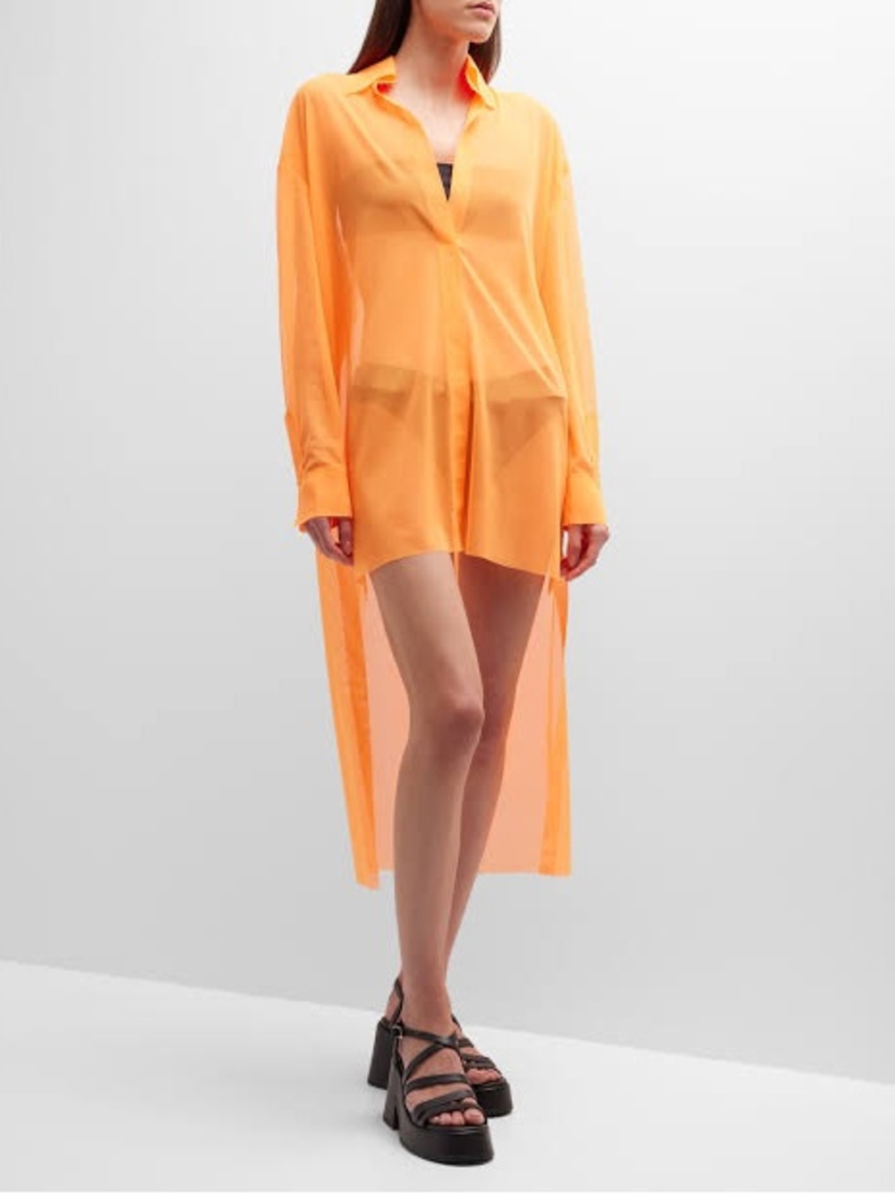NWOT Norma Kamali Neon Orange Mesh Oversized Hi Low Boyfriend Shirt Coverup S